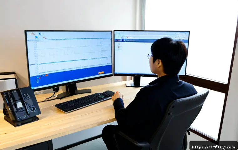 운니동 pc에 문제가 발생하여 다시 시작해야 합니다 - Photorealistic remote-support workstation in a compact Unni-dong design studio, desktop monitor show...