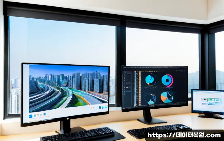 풍동 UDFS_FILE_SYSTEM - Photorealistic remote-support workstation in a modern engineering office, dual ultrawide monitors sh...