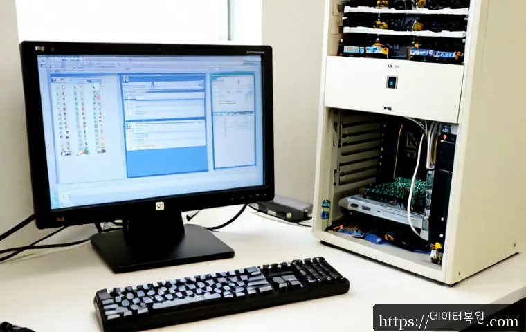 황학동 프리도스 윈도우설치 - Photorealistic computer workstation in a compact Hwanghak-dong electronics repair shop, desktop towe...