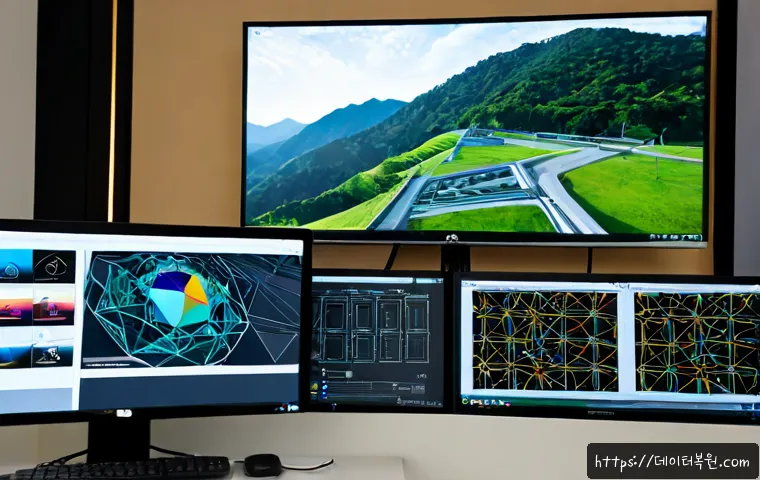 과천동 POOL_CORRUPTION_IN_FILE_AREA - Photorealistic software support workstation in a modern office near low forested hills, dual monitor...