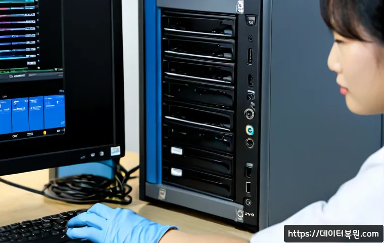 재동 STATUS_DISK_NOT_INITIALIZED - Photorealistic IT support workstation, desktop tower opened beside a monitor showing a clean abstrac...