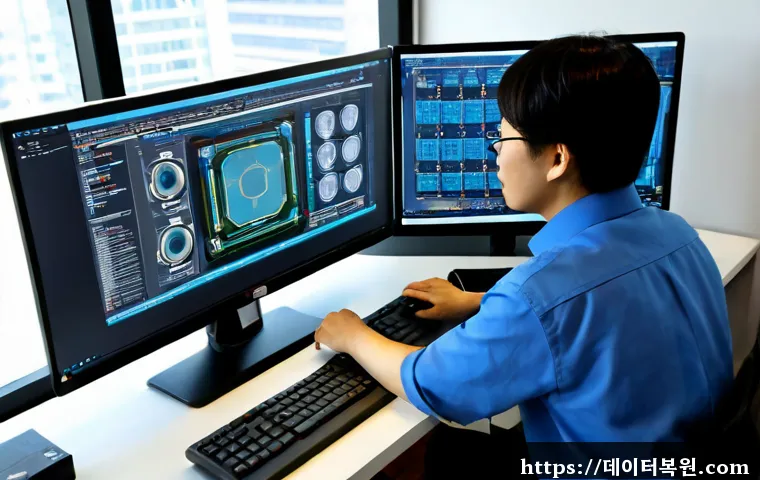 수서동 STATUS_MEMORY_VIOLATION - Photorealistic IT support workstation in a modern Suseo-dong office, dual monitors showing a complex...