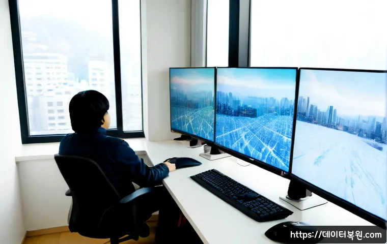서소문동 STATUS_PAGEFILE_MISSING - Photorealistic IT support workstation in a compact Seosomun-dong office, dual monitors showing a fro...