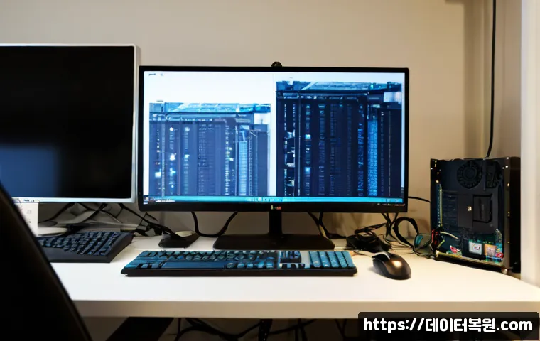방학동 STATUS_IO_ERROR - Photorealistic computer repair workstation in a compact Dobong-gu home office, dual monitors showing...