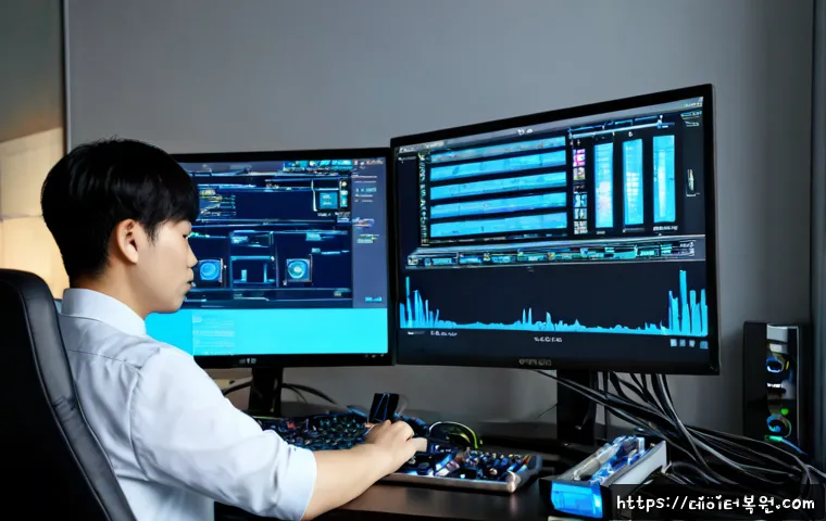 오류동 DRIVER_CAUGHT_MODIFYING_FREED_POOL - Photorealistic remote IT support workstation in Oryu-dong, Seoul, dual monitors showing a clean abst...