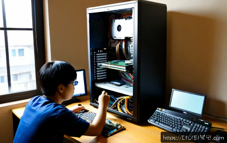 마포구 컴퓨터 desktop 출장방문수리점 - Photorealistic desktop computer repair visit inside a compact Mapo-gu apartment workspace, technicia...
