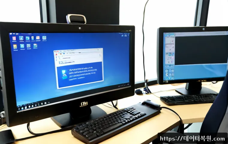 낙원동 DEVICE_DRIVER_MISMATCH - Photorealistic IT support workstation in Nakwon-dong, Seoul, dual monitors showing a clean abstract ...