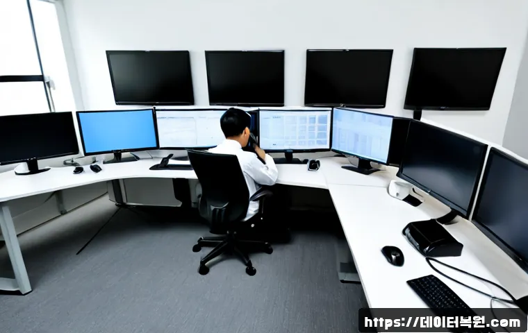 장지동 STATUS_ILLEGAL_INSTRUCTION - Photorealistic remote IT support workstation in a modern logistics-office district, dual monitors sh...