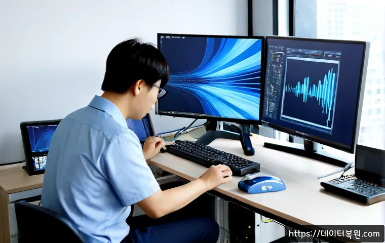 옥인동 NDIS_INTERNAL_ERROR - Photorealistic IT support workstation in a compact hillside office near Ogin-dong, dual monitors sho...