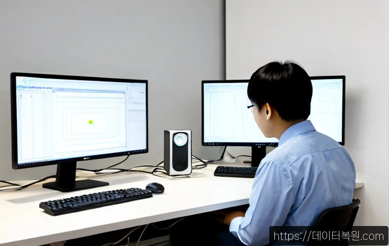 광희동 STATUS_IO_TIMEOUT - Photorealistic IT support workstation in a compact Gwanghui-dong design studio, dual monitors showin...