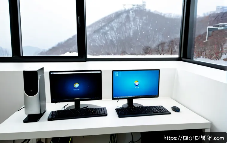 남가좌동 STATUS_KERNEL_CONNECTION_TIMEOUT - Photorealistic IT support workstation in a compact hillside apartment office, dual monitors showing ...