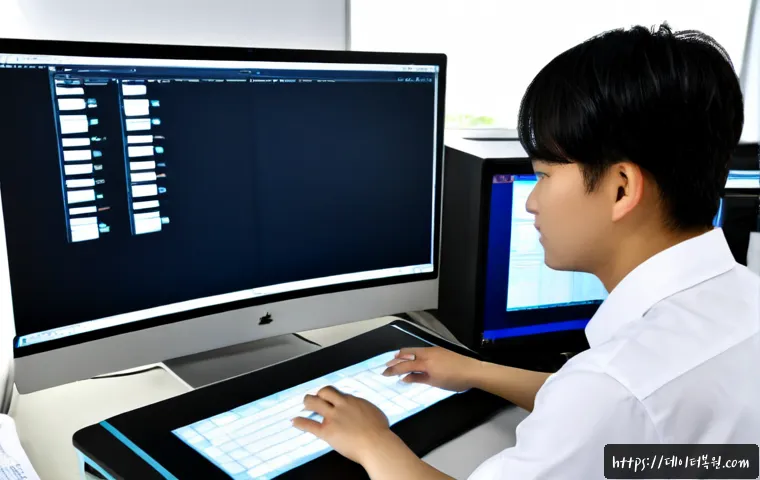 도렴동 CDFS_FILE_SYSTEM - Photorealistic IT support workstation in a modern office near a quiet historic district, dual monito...