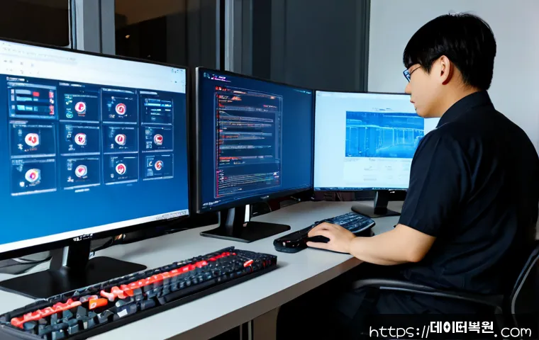 다산동 STATUS_STACK_OVERFLOW - Photorealistic remote IT support workstation in a compact modern apartment office, dual monitors sho...