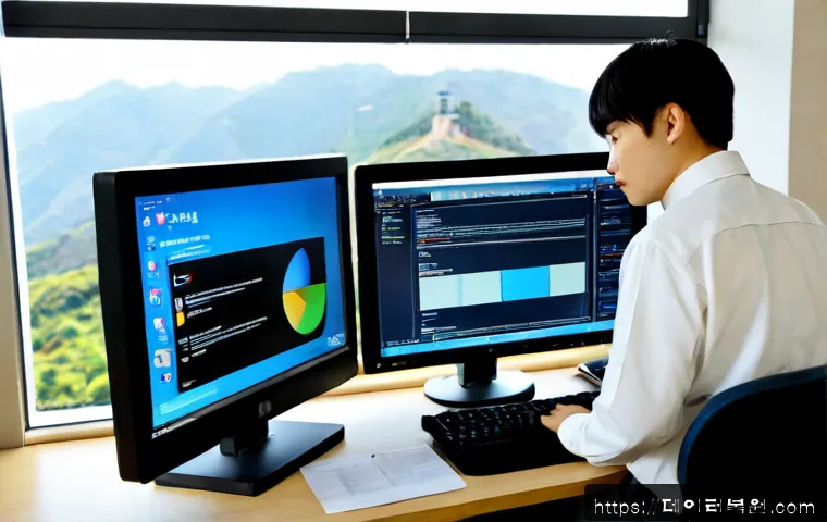 관악구 STATUS_INVALID_PAGE - Photorealistic IT support workstation in a compact Gwanak-gu apartment office, dual monitors showing...