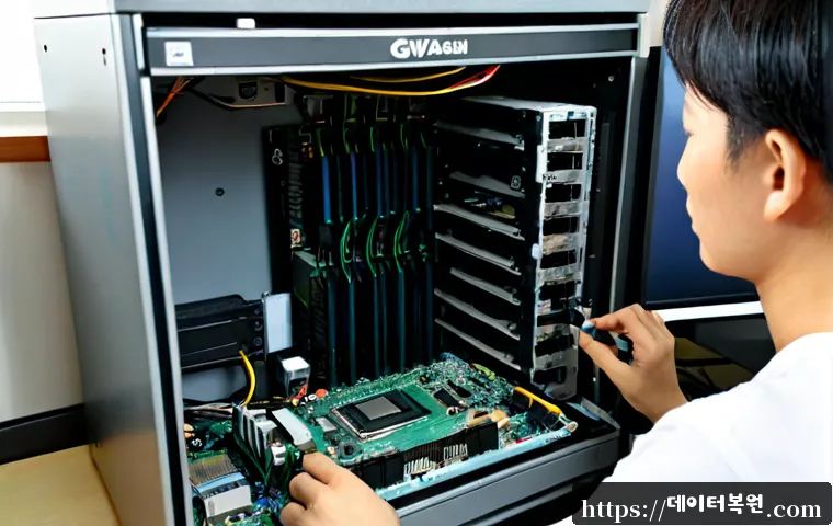 광진구 RAM조립 및 교체수리 - Photorealistic computer repair workstation in Gwangjin-gu, technician wearing an anti-static wrist s...