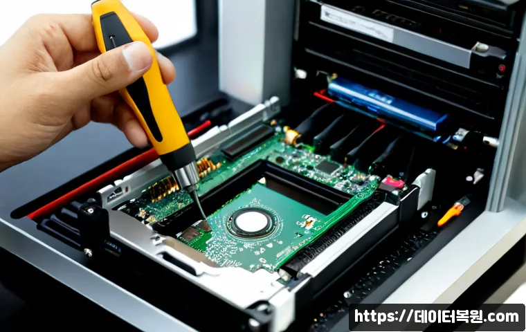 청암동 HDD조립 및 교체수리 - Photorealistic close-up of a technician assembling a new hard disk drive inside an open desktop towe...
