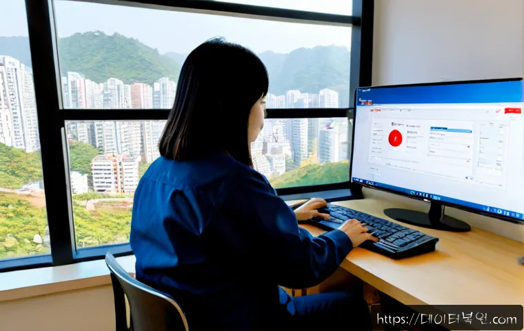 상도동 STATUS_FILE_INVALID - Photorealistic remote-support workstation in a compact hillside apartment, dual monitors showing an ...