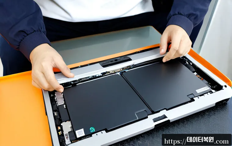 재동 맥북에어 판매 및 수리 - Photorealistic compact laptop repair studio in Jaedong, Seoul, a slim silver ultrabook opened on an ...