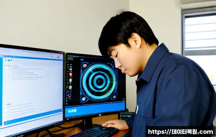 신공덕동 STATUS_SYSTEM_FILE_MISSING - Photorealistic IT support workstation in a compact Mapo district office, dual monitors showing a bla...