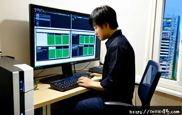 노원구 해놀로지 xpenology 구축 - Photorealistic IT workstation in a compact Nowon-gu apartment office, technician configuring a multi...