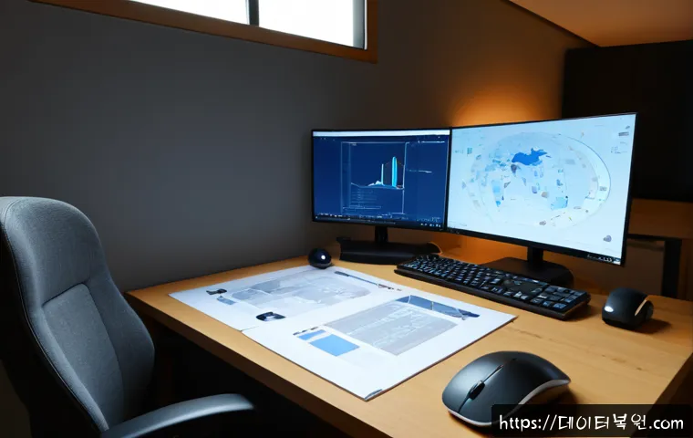 연지동 STATUS_FLOAT_UNDERFLOW - Photorealistic remote-support workstation in a compact Yeonji-dong office, dual monitors showing a c...