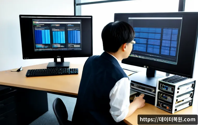 일산동구 STATUS_DISK_CORRUPTION - Photorealistic IT support workstation in a modern Ilsandong-gu office, dual monitors showing a clean...