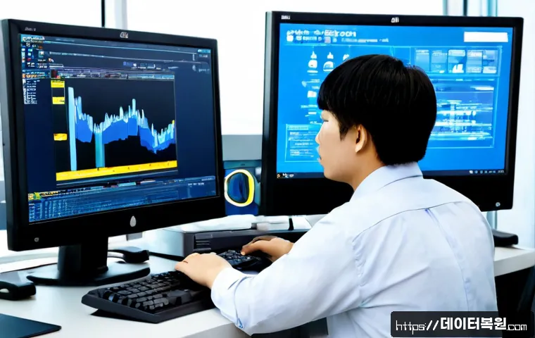 금천구 STATUS_KERNEL_THREAD_FAILURE - Photorealistic IT support workstation in a modern Gasan Digital Complex office, dual monitors showin...
