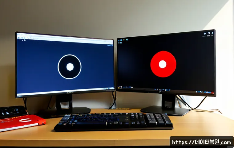 조원동 STATUS_DISK_READ_FAILURE - Photorealistic remote-support workstation in a compact Suwon apartment office, dual monitors showing...