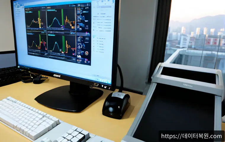 삼각동 STATUS_KERNEL_THREAD_INTERRUPTED - Photorealistic IT support workstation in a compact Samgak-dong office, dual monitors showing an abst...