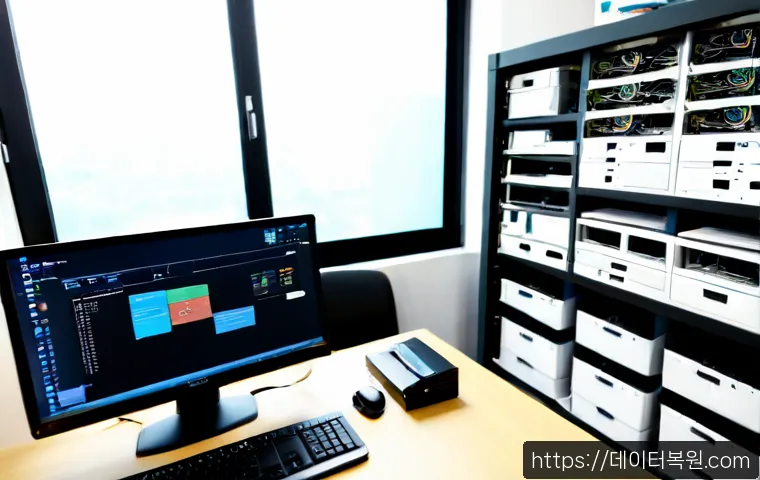 과해동 NAS출장방문수리점 - Photorealistic onsite NAS repair workstation in a compact apartment office, technician connecting Et...