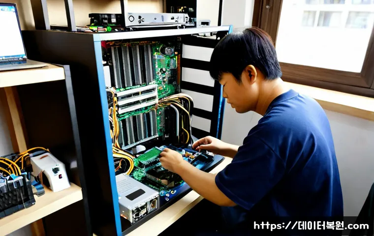 사리현동 하드조립 및 교체수리 - Photorealistic desktop computer assembly bench in a compact Sarihyeon-dong repair studio, technician...