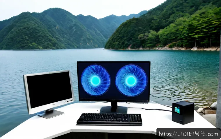청평면 DRIVER_CORRUPTED_EXPOOL - Photorealistic remote-support workstation in a quiet lakeside office near forested Korean hills, tec...