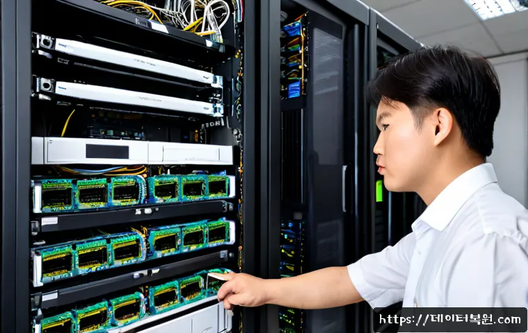 오곡동 서버출장방문수리점 - Photorealistic on-site server repair inside a compact business office in Ogok-dong, technician inspe...