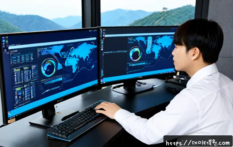 묵정동 STATUS_KERNEL_CONFIGURATION_ERROR - Photorealistic IT support workstation in a compact Mukjeong-dong office studio, dual monitors showin...