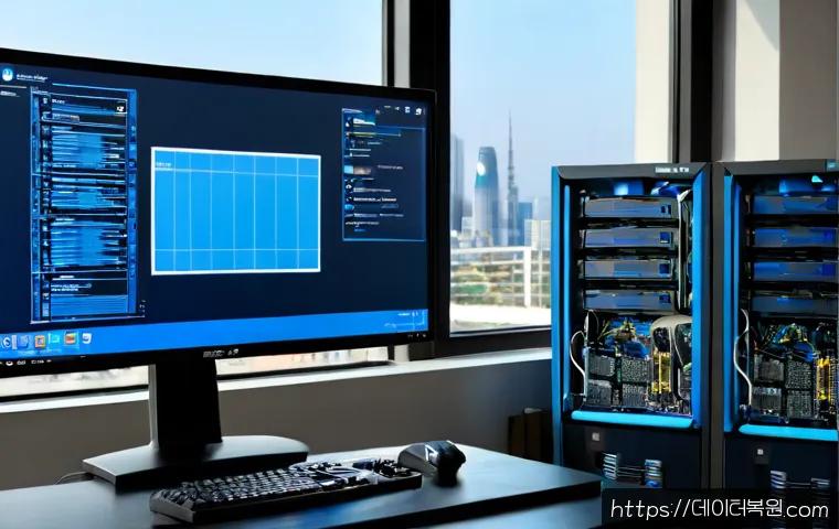 상일동 DRIVER_PORTION_MUST_BE_NONPAGED - Photorealistic IT support workstation in Sangil-dong, dual monitors showing a clean abstract blue di...