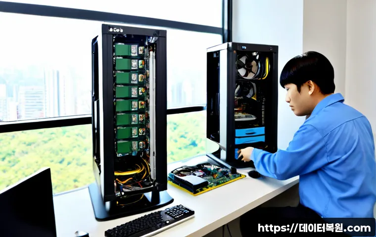 양재동 메인보드조립 및 교체수리 - Photorealistic computer repair workstation in a Yangjae-dong office district, technician carefully i...