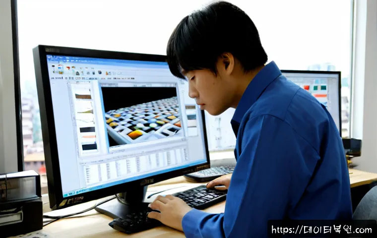 원당동 STATUS_DISK_CORRUPTION - Photorealistic office workstation in Wondang-dong, a desktop monitor showing a corrupted storage rec...