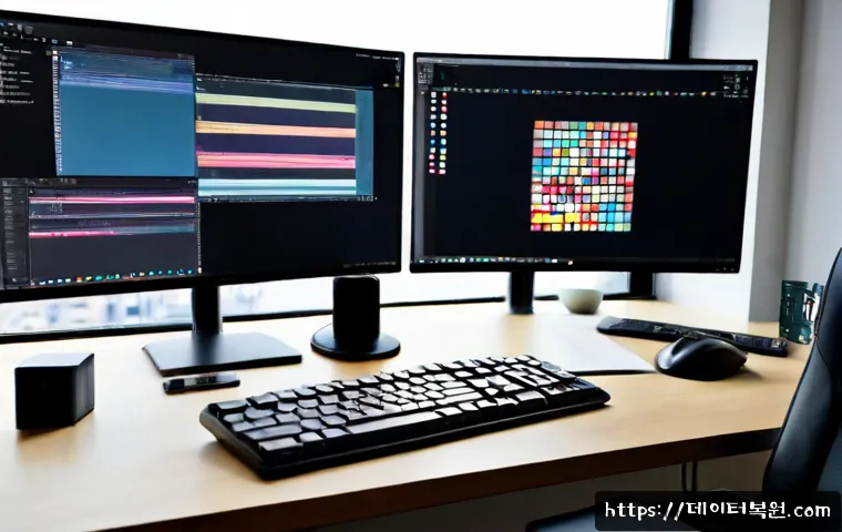합정동 STATUS_CONTROL_C_EXIT - Photorealistic software engineer workstation in a modern Hapjeong neighborhood studio, dual monitors...