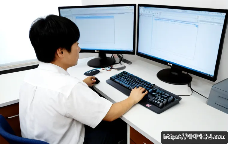 대덕동 컴퓨터멈춤 - Photorealistic computer repair scene in a compact Daedeok-dong engineering office, dual monitors fro...