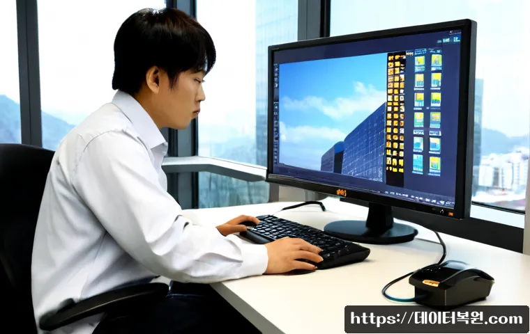 일직동 a disk read error occurred - Photorealistic IT support workstation in a modern Gwangmyeong business district office, desktop moni...