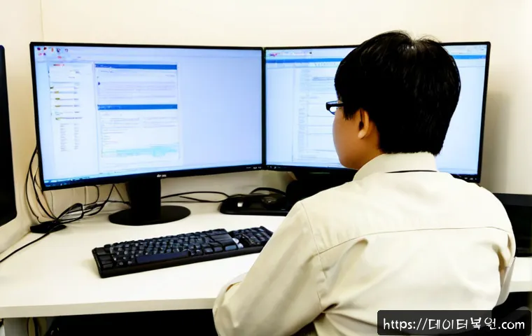 중학동 STATUS_KERNEL_BLOCKED - Photorealistic IT support workstation in a quiet Jonghak-dong office, dual monitors showing a non-br...