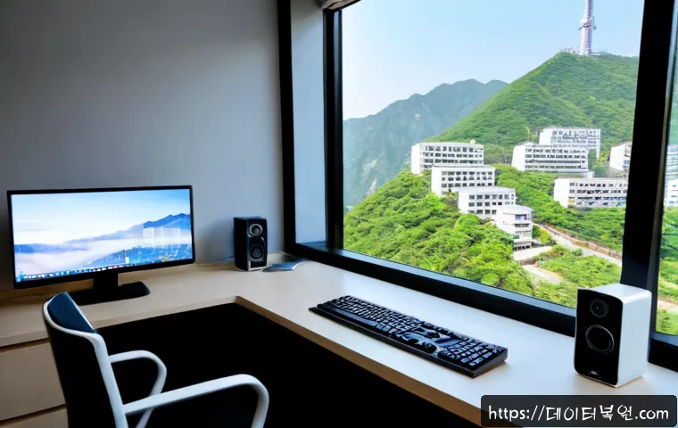 한남동 NMI_HARDWARE_FAILURE - Photorealistic premium desktop workstation in a hillside Seoul apartment, unbranded CAD-style 3D pro...