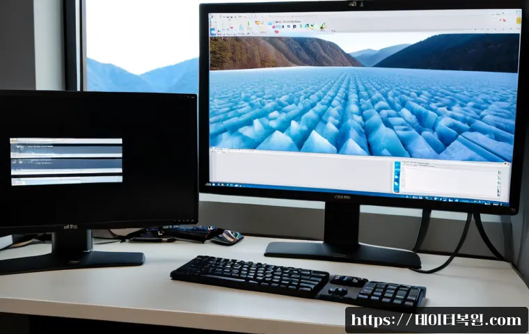 과천시 SESSION5_INITIALIZATION_FAILED - Photorealistic IT support workstation in Gwacheon, dual monitors showing a blank frozen software wor...
