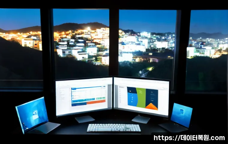 돈암동 POOL_CORRUPTION_IN_FILE_AREA - Photorealistic IT support workstation in a compact Donam-dong apartment office, dual monitors showin...