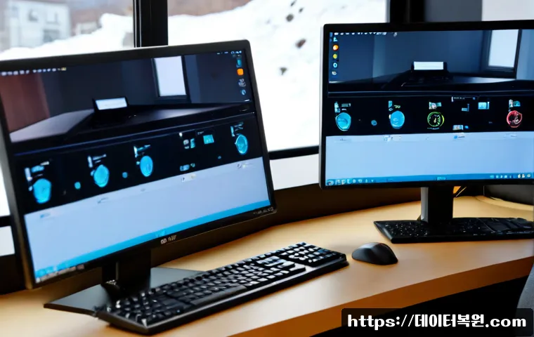 원서동 MACHINE_CHECK_EXCEPTION - Photorealistic technical workstation in a compact Wonseo-dong design studio, dual monitors showing a...