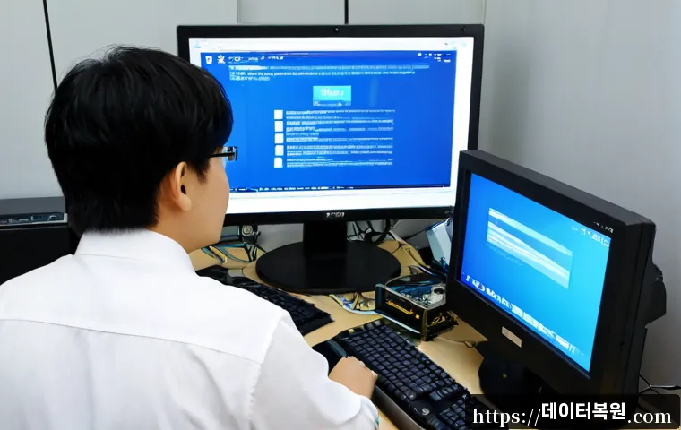 중구 STATUS_KERNEL_CONFIGURATION_ERROR - Photorealistic IT support workstation in central Seoul, a desktop monitor showing a blank blue syste...