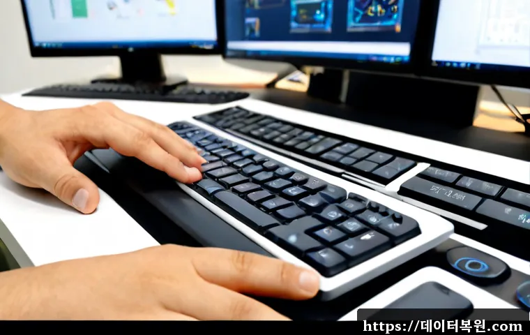 문정동 f4키 누르라고 할때 - Photorealistic remote-support workstation in a modern Munjeong-dong office, close-up of a hand press...