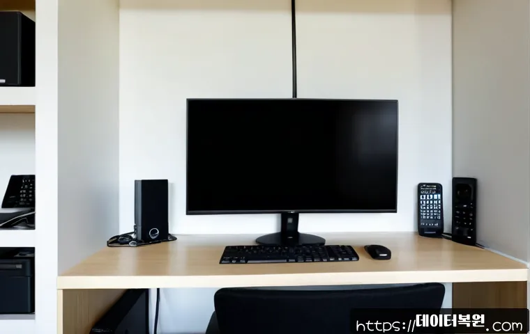 문원동 모니터화면 안나옴 - Photorealistic home office in Munwon-dong, a desktop monitor showing a completely black screen while...