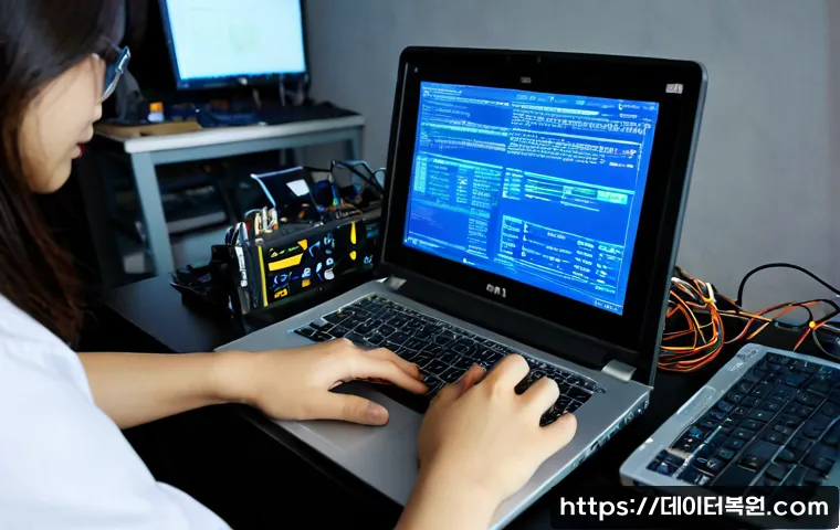 대학동 STATUS_KERNEL_THREAD_FAILURE - Photorealistic laptop repair desk in a compact student studio near a university hillside, a blue sys...