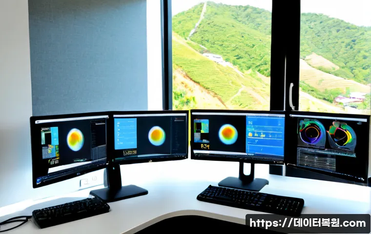 노고산동 POOL_HEADER_CORRUPTION - Photorealistic IT support workstation in a compact Nogosan-dong office, dual monitors showing a gene...